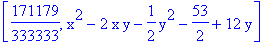 [171179/333333, x^2-2*x*y-1/2*y^2-53/2+12*y]